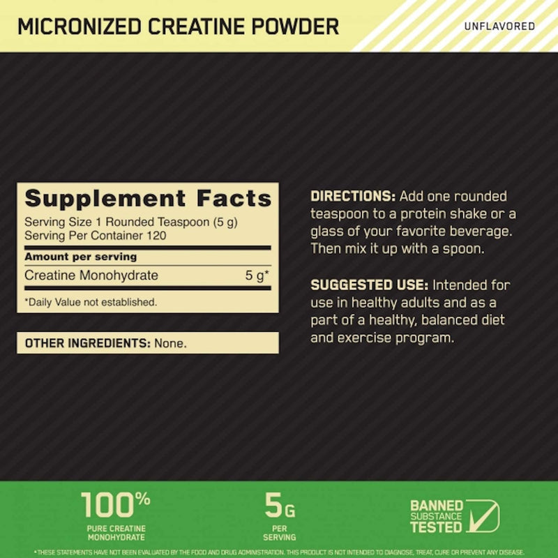 Optimum Nutrition Micronized Creatine Powder 1.32lb (600g), Unflavored, Supplement Facts, SNS Health, Sports Nutrition