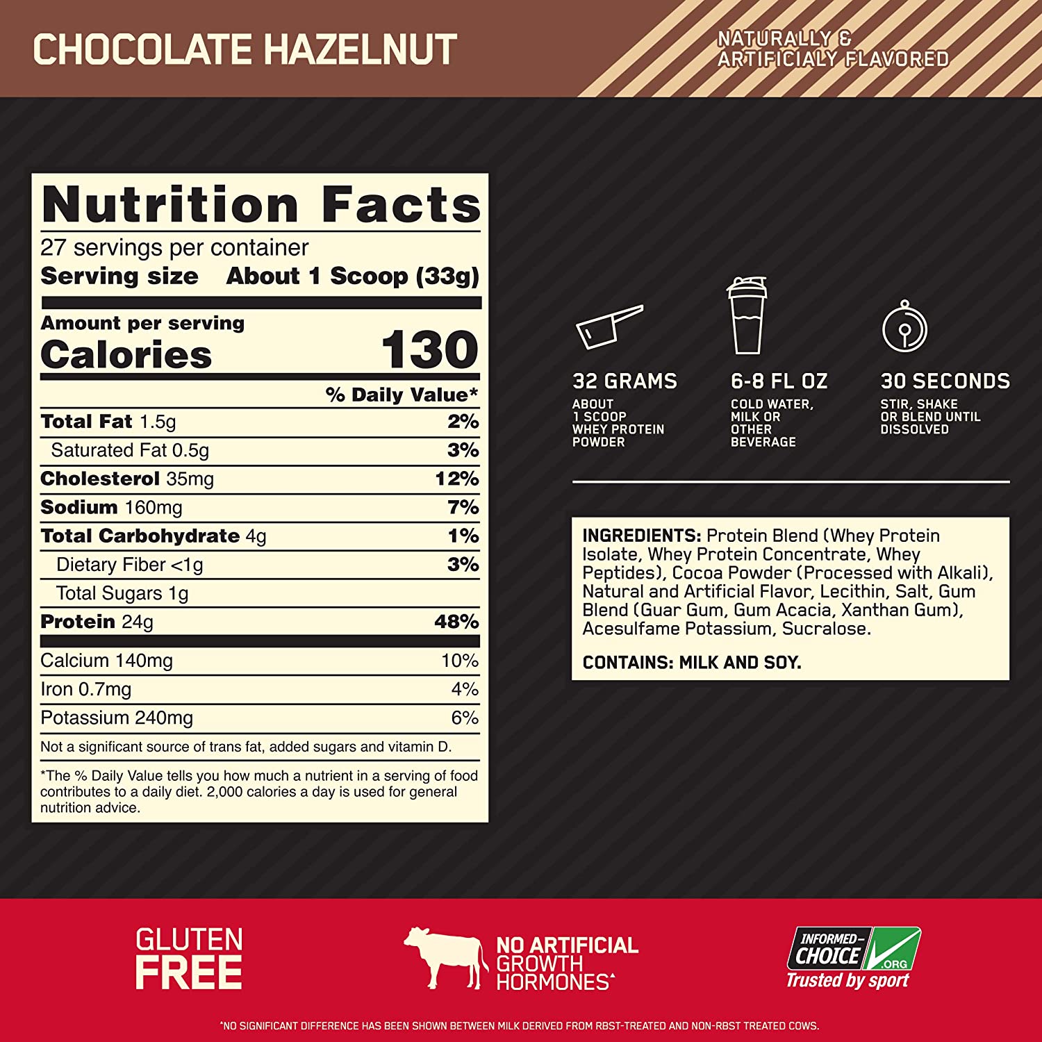 Gold Standard 100% Whey 2lbs / Chocolate Hazelnut, Nutrition Facts, SNS Health, Sports Nutrition