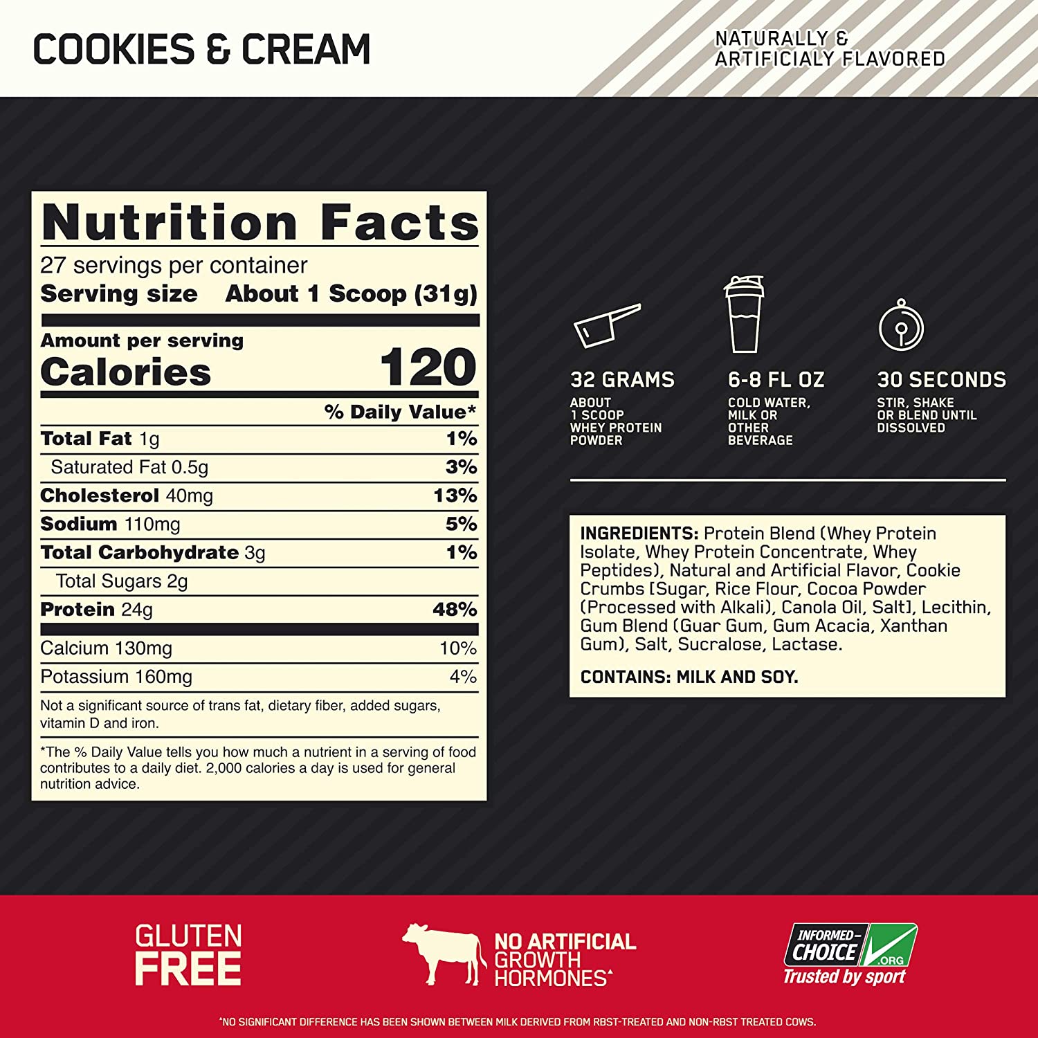Optimum Nutrition Gold Standard 100% Whey Protein, 2lbs / Cookies and Cream, Nutrition Facts, SNS Health, Sports Nutrition