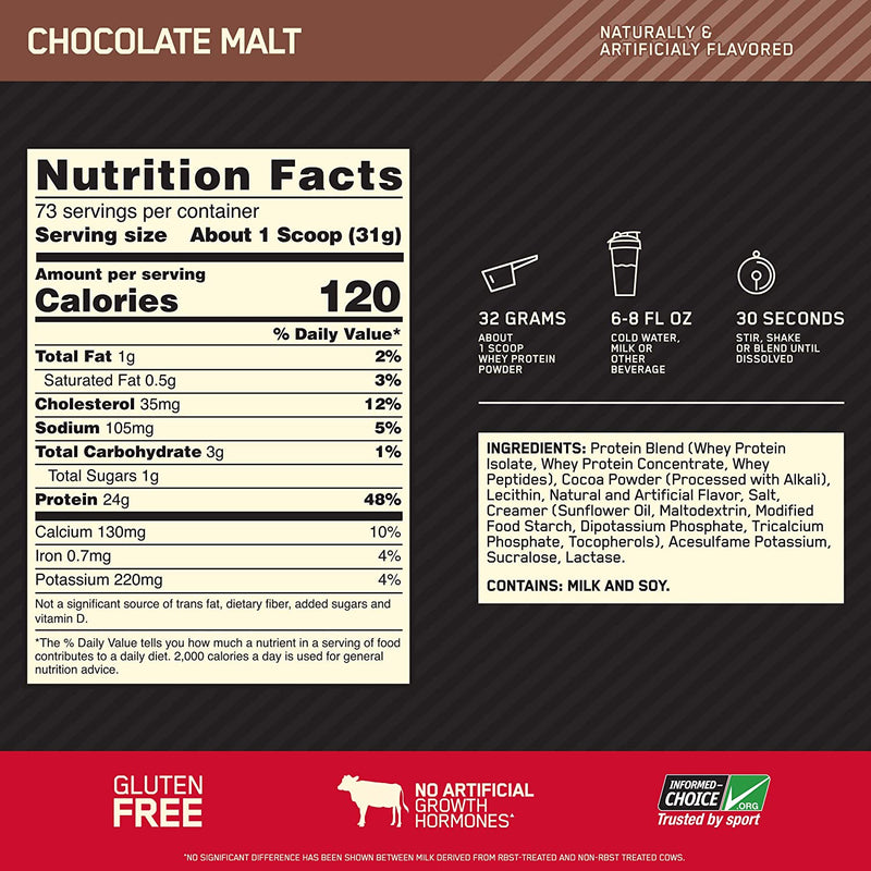 Gold Standard 100% Whey 5lb, 2.27 kg / Chocolate Malt, Nutrition Facts, SNS Health, Sports Nutrition