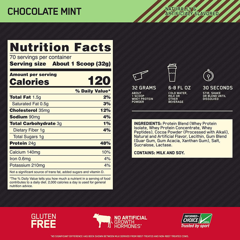 Gold Standard 100% Whey 4.94lb, 2.24 kg / Chocolate Mint, Nutrition fact, SNS Health, Sports Nutrition
