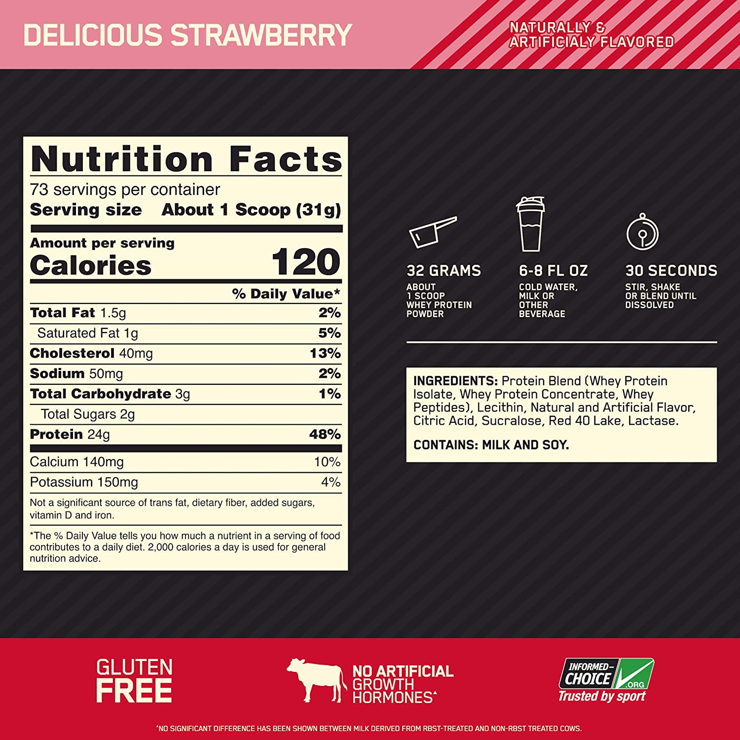 Gold Standard 100% Whey 5lb, 2.27 kg / Delicious Strawberry, Nutrition Facts, SNS Health, Sports Nutrition