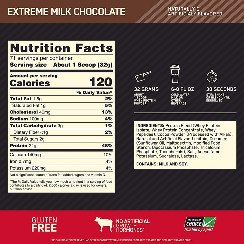 Gold Standard 100% Whey 5lb, 2.27 kg / Extreme Milk Chocolate, Nutrition Facts, SNS Health, Sports Nutrition