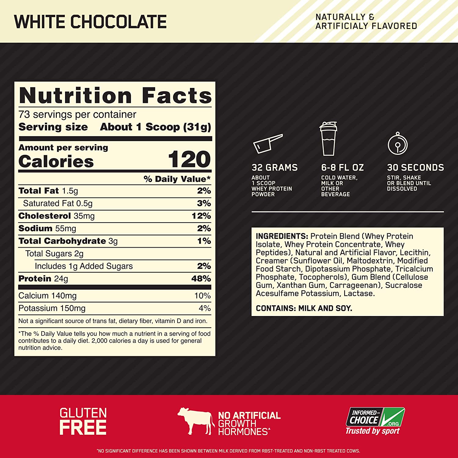 Gold Standard 100% Whey 5lb, 2.27 kg /  White Chocolate, Nutrition facts, SNS Health, Sports Nutrition