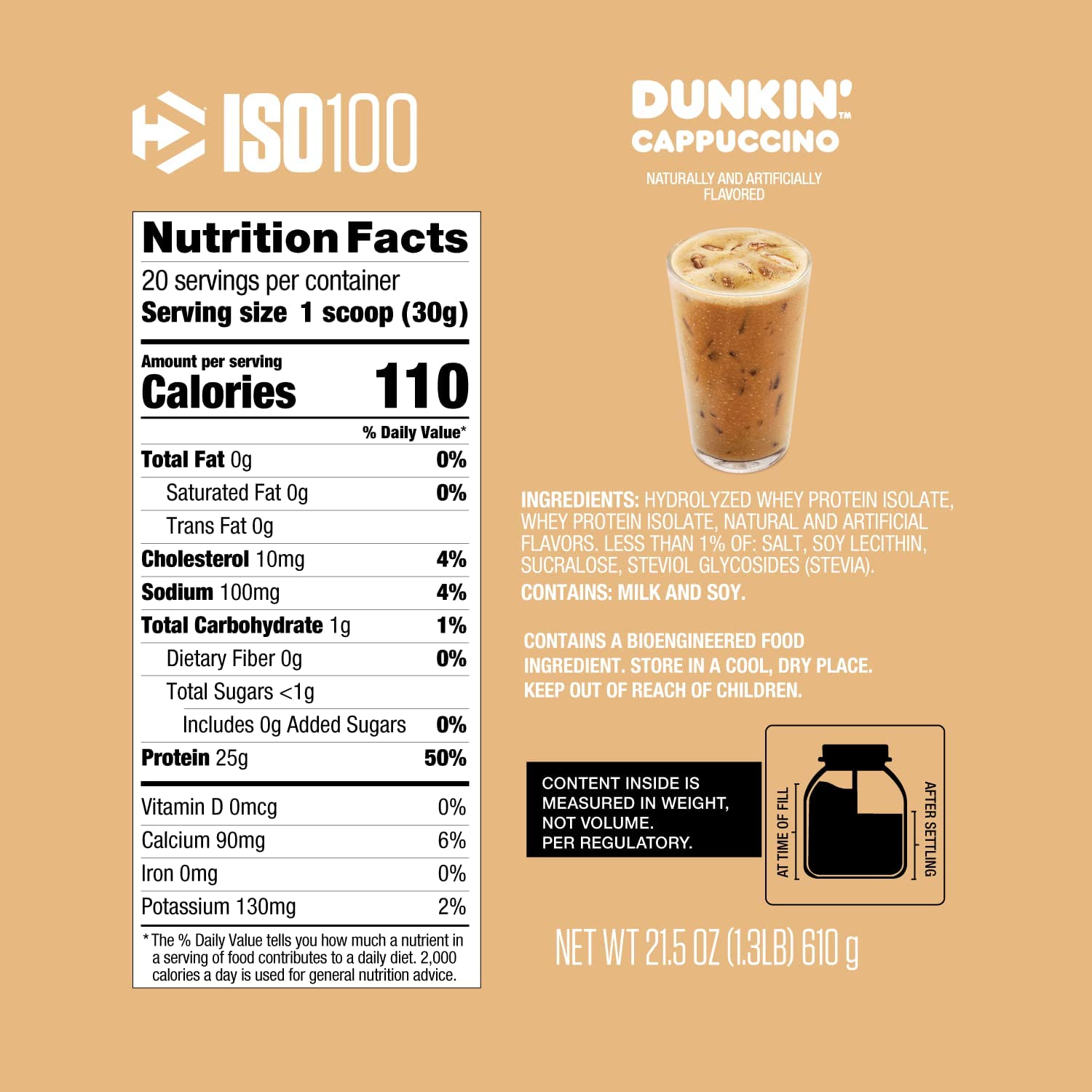 Dymatize ISO100 Hydrolyzed Whey Protein Isolate 1.3lb  Dunkin Cappuccino