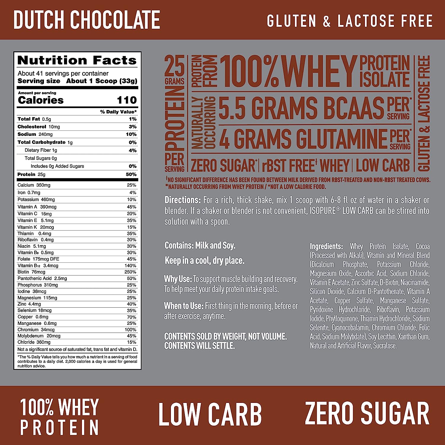 ISOPURE Zero Carb Protein Powder, 3lbs, Dutch Chocolate, Nutrition facts, SNS Health, Protein powder