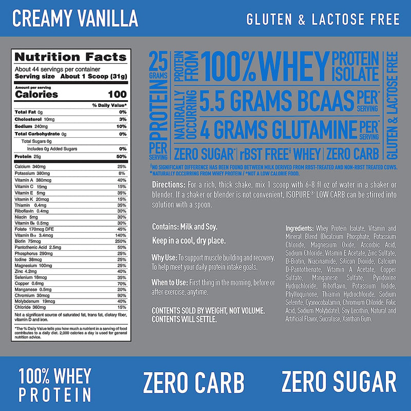 ISOPURE Zero Carb Protein Powder, 3lbs, Creamy Vanilla, Nutrition facts, SNS Health, Protein powder