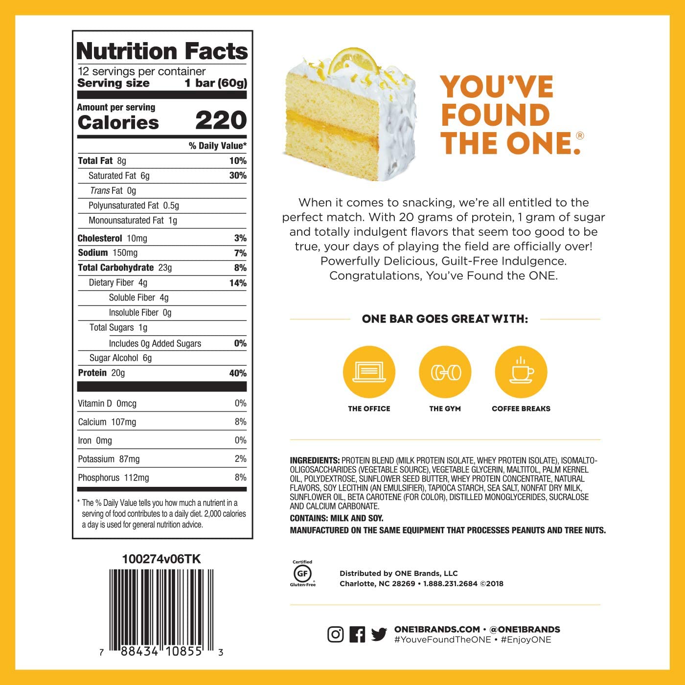 ONE PROTEIN BAR Lemon Cake / 60g, Nutrition Facts, SNS Health, Protein Bars