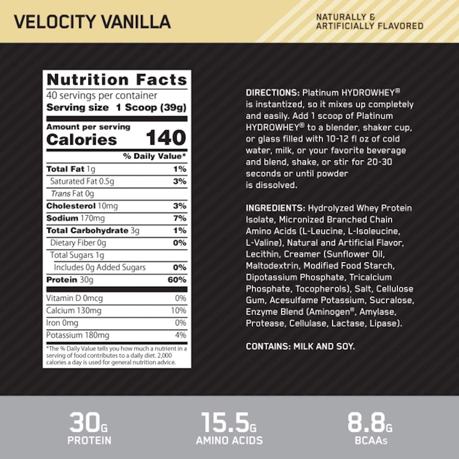 Optimum Nutrition Platinum Hydrowhey 3.5lbs / Velocity Vanilla, Nutrition Facts, SNS Health, Protein powder