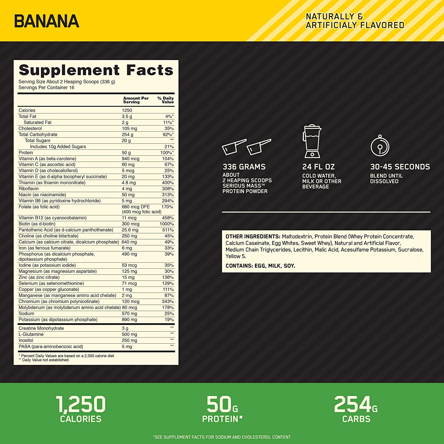 Optimum Nutrition Serious Mass, Banana, 12 lbs, 5.44 kg, 8 Serving, Supplement Facts, SNS Health, Sports Nutrition