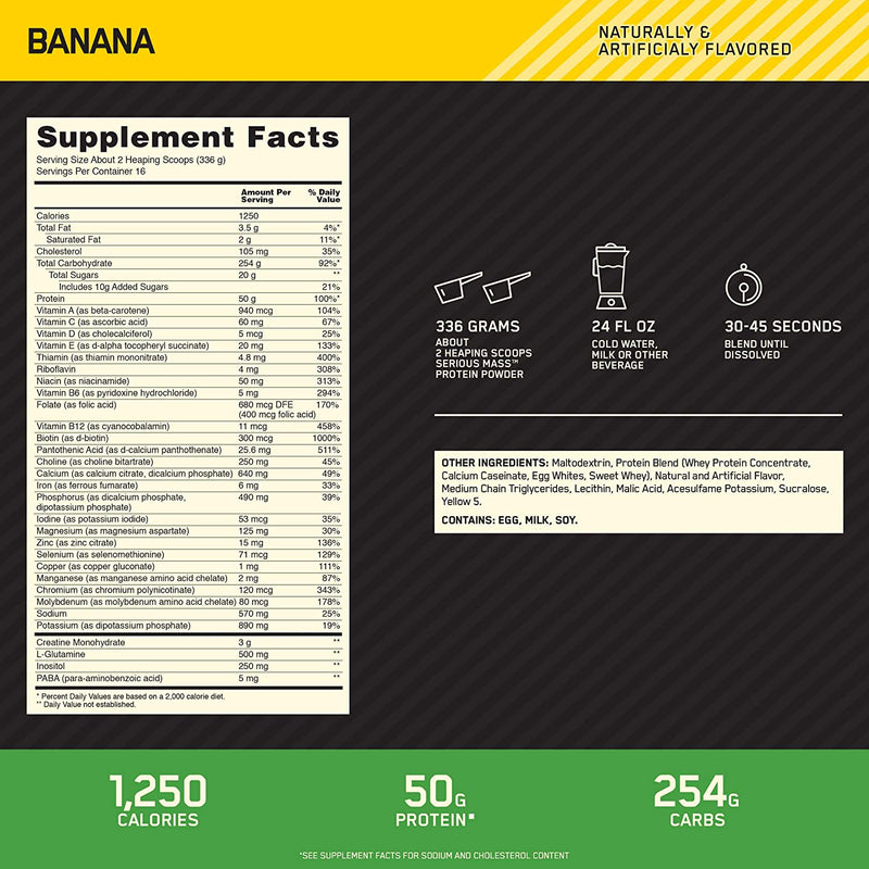 Optimum Nutrition Serious Mass, Banana, 12 lbs, 5.44 kg, 8 Serving, Supplement Facts, SNS Health, Sports Nutrition