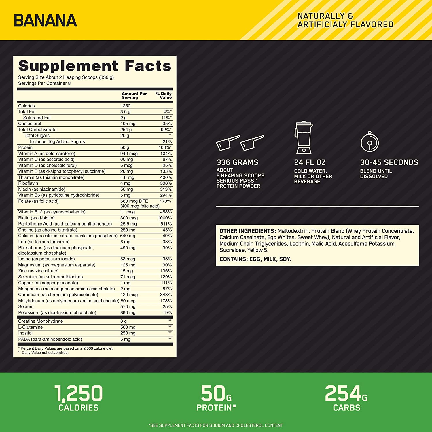 Optimum Nutrition Serious Mass, Banana, 6 lbs, 2.72 kg, 8 Serving, Supplement Facts, SNS Health, Sports Nutrition