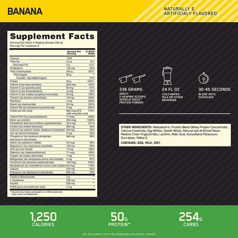 Optimum Nutrition Serious Mass, Banana, 6 lbs, 2.72 kg, 8 Serving, Supplement Facts, SNS Health, Sports Nutrition