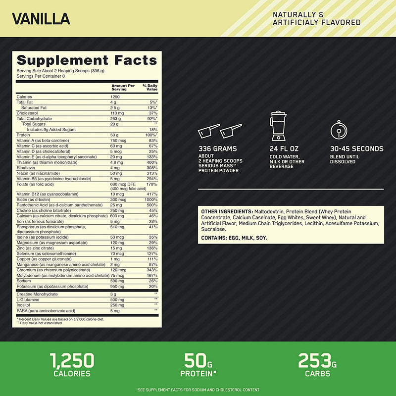 Optimum Nutrition Serious Mass, Vanilla, 6 lbs, 2.72 kg, 8 Serving, Supplement Facts, SNS Health, Sports Nutrition