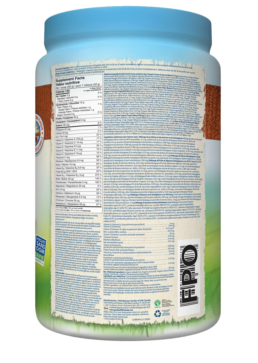 Garden of Life Raw Organic All-In-One Nutritional Shake, 28 Servings / Vanilla Chai, Nutrition Facts